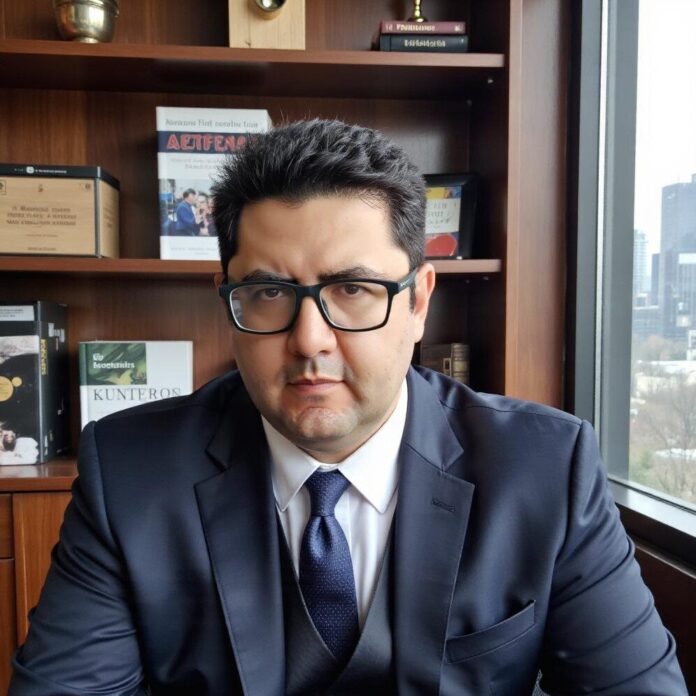 Professional portrait of a man in a dark suit and tie wearing glasses, seated in an office with wooden shelves and a city view through the window