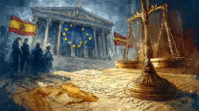 Illustration of a grand courthouse with the EU flag on the facade, Spanish flags on both sides, a large gilded scale of justice in the foreground, and a group of people gathered on the left among handwritten documents.