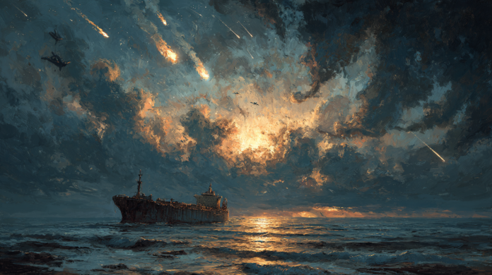Warship on a rough sea at dusk, dramatic fiery explosions lighting a stormy sky with streaking meteors overhead