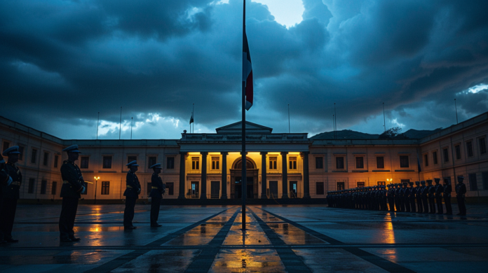 Rows of uniformed soldiers stand at attention in a courtyard as a flagpole dominates the center and a lit government building glows behind under stormy skies.