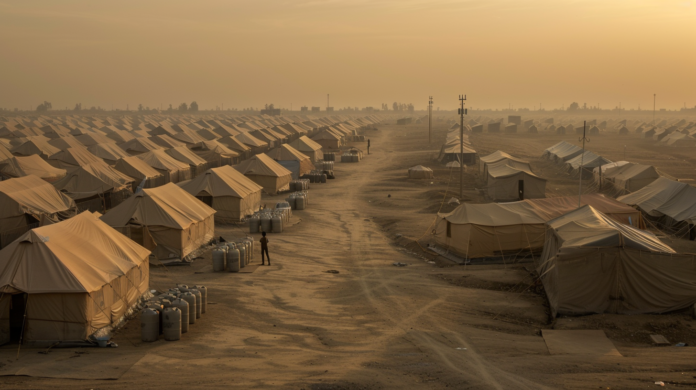 Rows of beige tents in a desert refugee camp at sunset; a lone person stands on a dirt path beside gas cylinders.
