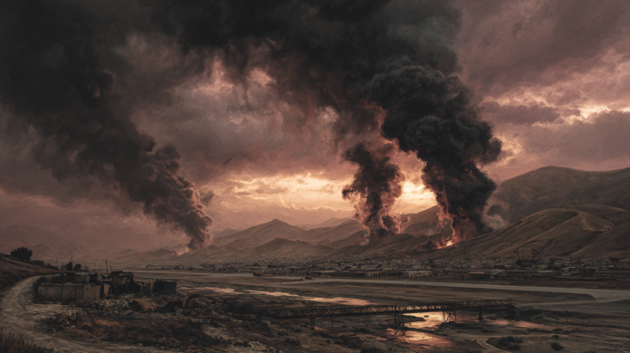 Dramatic landscape showing a town at dusk with multiple large smoke plumes rising from fires and dark stormy clouds over mountains in the distance.